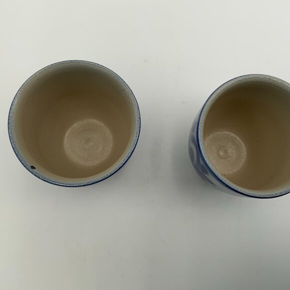Salt Glazed Pottery Cups Set Of 2 Hand Painted Gray Cobalt Blue 3" Stoneware - Picture 2 of 5